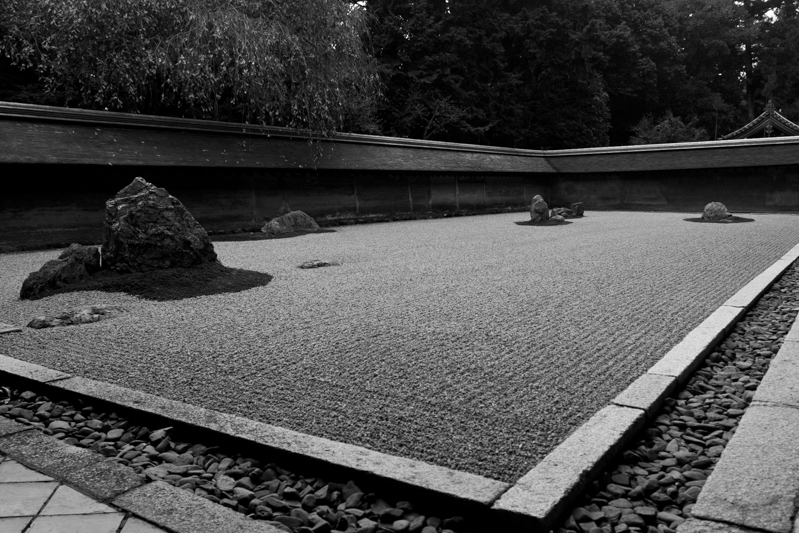 The rock garden (枯山水) at the Ryouan-ji (龍安寺)Zen temple.